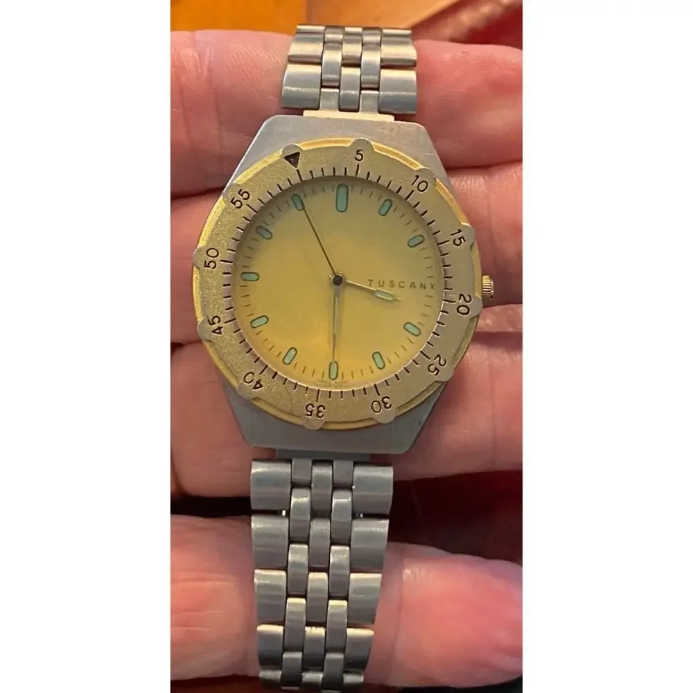 Men's 37mm Brushed Metal Tone Tuscany Watch with Rotating Gold Tone Bezel